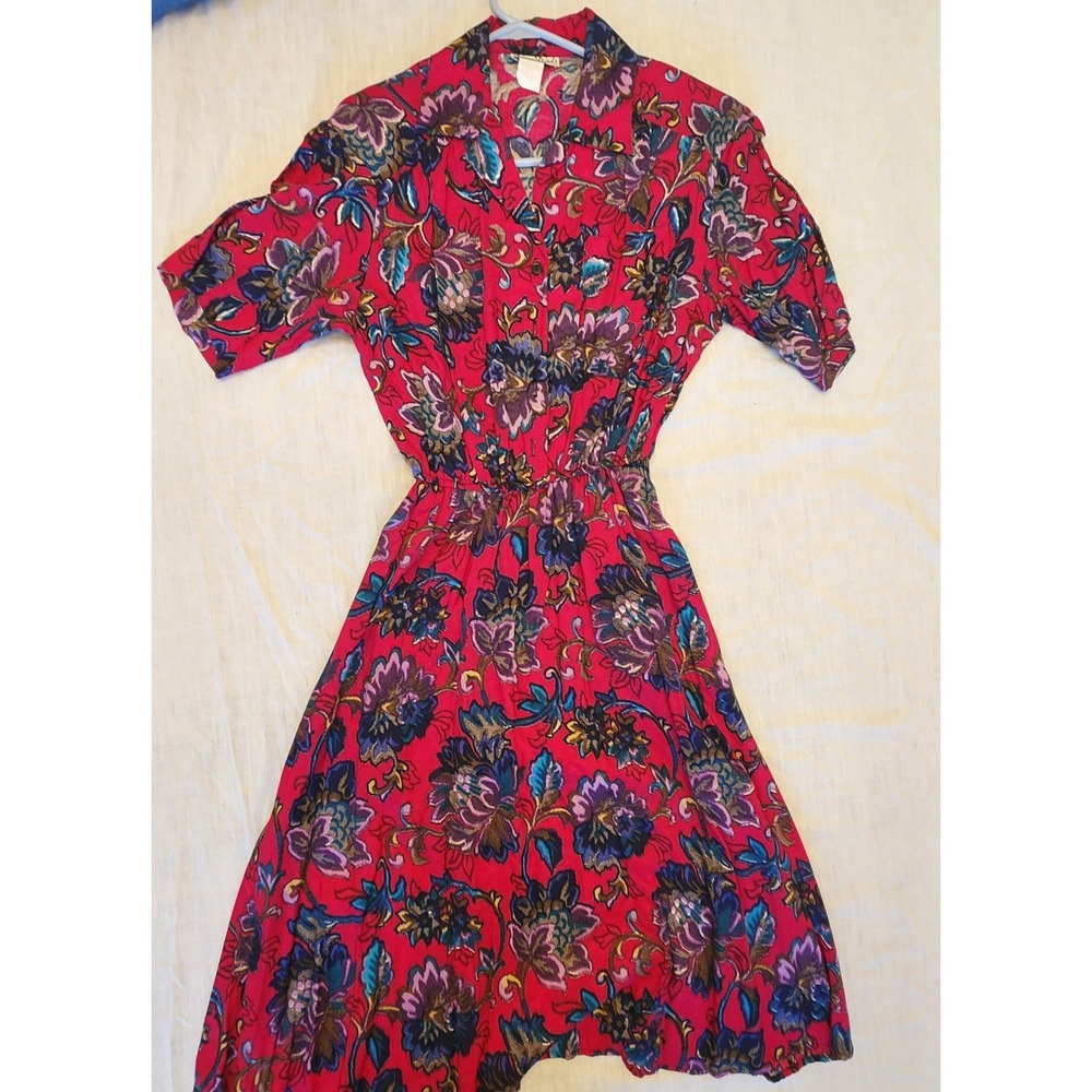 Vtg 80s Doo-Dads Pink Floral Midi Dress Short Sleeve Button Front Made in USA